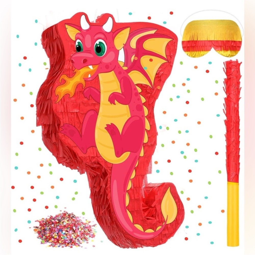 Red Dragon Pinata Party Set with Blindfold, “Bat,” & Confetti